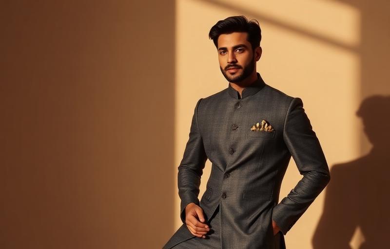 Male model in a tailored charcoal panjabi